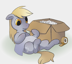 Size: 1800x1600 | Tagged: safe, artist:happycrumble, derpy hooves, pegasus, pony, g4, box, bubble wrap, female, mare, package, solo