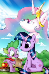 Size: 540x810 | Tagged: safe, artist:ruffyyoshi, princess celestia, spike, twilight sparkle, g4, apple