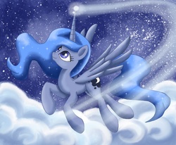 Size: 900x741 | Tagged: safe, artist:mel-rosey, princess luna, pony, g4, cloud, cloudy, female, flying, night, solo