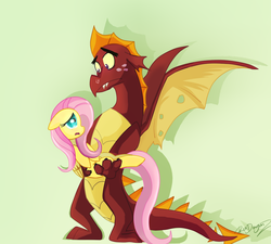 Size: 1000x900 | Tagged: safe, artist:roxdragonz, fluttershy, garble, dragon, g4, bridal carry, carrying, crack shipping, female, garbleshy, green background, lime background, male, mare, shadow, shipping, signature, simple background, straight
