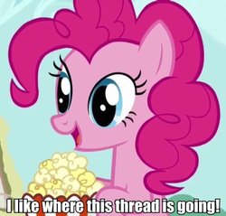 Size: 376x360 | Tagged: safe, edit, edited screencap, screencap, pinkie pie, earth pony, pony, applebuck season, g4, my little pony: friendship is magic, caption, female, image macro, popcorn, reaction image, solo