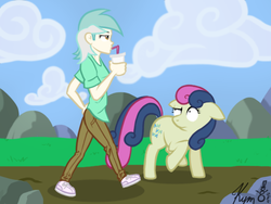 Size: 600x450 | Tagged: safe, artist:kymsnowman, bon bon, lyra heartstrings, sweetie drops, earth pony, human, pony, g4, clothes, cup, drink, duo, humanized, implied transformation, pants, shirt, shoes