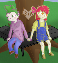 Size: 600x650 | Tagged: safe, artist:kymsnowman, apple bloom, spike, human, g4, bench, blushing, clothes, cute, female, holding hands, hoodie, humanized, male, overalls, pants, ship:spikebloom, shipping, shirt, shoes, spiky hair, straight, tree, yellow shirt