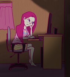 Size: 500x550 | Tagged: safe, artist:kymsnowman, pinkie pie, human, g4, computer, humanized, pinkamena diane pie, upset