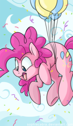 Size: 391x670 | Tagged: safe, artist:spainfischer, pinkie pie, earth pony, pony, g4, balloon, cloud, confetti, cute, diapinkes, female, flying, mare, open mouth, sky, solo, then watch her balloons lift her up to the sky