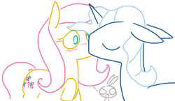 Size: 758x439 | Tagged: safe, artist:weaver, angel bunny, fluttershy, pokey pierce, pony, g4, blushing, crack shipping, exclamation point, eyes closed, female, floppy ears, flutterpierce, kissing, male, pokeyshy, raised hoof, shipping, simple background, straight, surprise kiss, surprised, white background, wide eyes