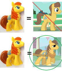 Size: 710x822 | Tagged: safe, edit, caramel, chance-a-lot, creme brulee, earth pony, pony, g4, blind bag, comparison, fake, irl, male, photo, stallion, toy, wrong eye color