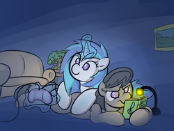 Size: 800x600 | Tagged: safe, artist:oblivinite, dj pon-3, octavia melody, vinyl scratch, g4, book, controller, octavia is not amused, reading, unamused