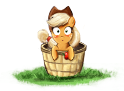 Size: 800x585 | Tagged: safe, artist:dobromyslov, applejack, g4, apple, blushing, filly, obligatory apple