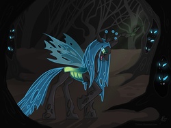 Size: 1024x768 | Tagged: dead source, safe, artist:keyfeathers, queen chrysalis, changeling, changeling queen, g4, broken horn, crown, female, forest, horn, jewelry, looking down, regalia, tree