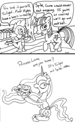 Size: 725x1191 | Tagged: safe, artist:jberg18, pipsqueak, princess luna, spike, twilight sparkle, alicorn, dragon, pony, unicorn, g4, colt, comic, dialogue, female, imminent vore, implied vore, male, mare, monochrome, person as food, ponies in food