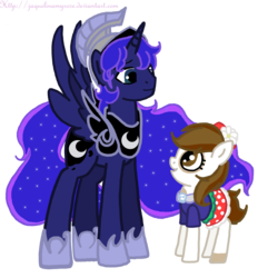 Size: 1295x1397 | Tagged: safe, artist:jaquelindreamz, pipsqueak, princess luna, alicorn, earth pony, pony, g4, armor, colt, female, foal, male, mare, pipi, prince artemis, rule 63, ship:lunapip, shipping, simple background, spread wings, straight, transparent background, wings