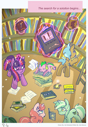 Size: 2340x3360 | Tagged: safe, artist:for-the-plot, lyra heartstrings, pinkie pie, spike, twilight sparkle, oc, dragon, pony, unicorn, comic:for the plot, g4, book, butt, comic, female, golden oaks library, high res, levitation, library, magic, male, mare, plot, telekinesis