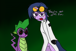 Size: 747x500 | Tagged: safe, artist:spikeandfriends, spike, twilight sparkle, dragon, robot, g4, clothes, cosplay, goggles, halloween, jack spicer, lab coat, leather, mad scientist