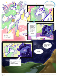 Size: 2394x3162 | Tagged: safe, artist:for-the-plot, princess celestia, princess luna, alicorn, pony, comic:for the plot, princess molestia, g4, canterlot, comic, duo, female, high res, lake, lunaughty begins, mare, night