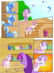 Size: 1024x1365 | Tagged: safe, artist:for-the-plot, artist:livinlovindude, princess celestia, princess luna, sweetie belle, trixie, twilight sparkle, pony, unicorn, comic:for the plot, princess molestia, g4, background pony, butt, comic, golden oaks library, library, lunaughty, plot, sneezing