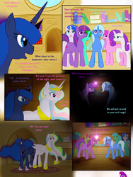 Size: 1024x1365 | Tagged: safe, artist:for-the-plot, princess celestia, princess luna, rarity, trixie, twilight sparkle, alicorn, pony, unicorn, comic:for the plot, princess molestia, g4, background pony, book, comic, dark, female, golden oaks library, library, lunaughty, mare