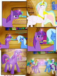 Size: 1024x1365 | Tagged: safe, artist:for-the-plot, artist:livinlovindude, princess celestia, rarity, trixie, twilight sparkle, alicorn, pony, unicorn, comic:for the plot, princess molestia, g4, background pony, blushing, comic, female, mare