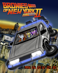 Size: 900x1145 | Tagged: safe, artist:johnjoseco, oc, oc only, pony, back to the future, car, city, cityscape, delorean, flying car