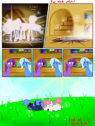 Size: 1024x1365 | Tagged: safe, artist:livinlovindude, princess celestia, princess luna, trixie, twilight sparkle, pony, unicorn, comic:for the plot, princess molestia, g4, comic, female, field, filly, lunaughty, mare, sunshine, woona