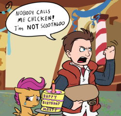 Size: 987x950 | Tagged: safe, artist:madmax, scootaloo, human, pegasus, pony, g4, abuse, artifact, back to the future, crossover, crying, marty mcfly, sad, scootabuse, scootachicken, scootaloo is not a chicken