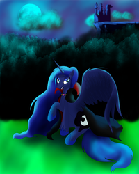 Size: 4000x5000 | Tagged: safe, artist:playfulpossum, princess luna, pony, vampire, g4, cloak, clothes, female, moon, solo