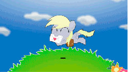 Size: 383x215 | Tagged: safe, artist:alfa995, derpy hooves, pegasus, pony, g4, animated, cardcaptor sakura, cloud, cute, derpabetes, derpy cardcaptor, eyes closed, female, flower, grass, jumping, letter, mare, mouth hold, sky, solo