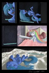 Size: 900x1350 | Tagged: safe, artist:for-the-plot, princess celestia, princess luna, g4, artificial moon, comic, laughing, mischief, ponies shorties, prank, unamused