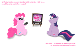 Size: 1116x692 | Tagged: safe, artist:ultrathehedgetoaster, pinkie pie, twilight sparkle, g4, dialogue, parody, simple background, sunglasses, television, the matrix, white background