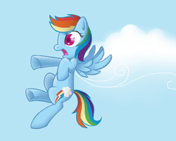 Size: 936x754 | Tagged: safe, artist:tenchi-outsuno, rainbow dash, pegasus, pony, g4, cloud, floating, flying, startled, surprised