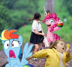 Size: 573x532 | Tagged: safe, pinkie pie, rainbow dash, human, fanfic:cupcakes, g4, chainsaw, cupcake, female, holding something, meme, purse, turned head, yelling