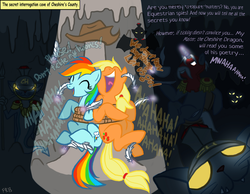 Size: 1052x818 | Tagged: safe, artist:fr-13, artist:rgevskiy, applejack, rainbow dash, oc, g4, bondage, catodemons, cave, cheshire county, feather, feathered wonder hoofs, hitchhiker's guide to the galaxy, hoof tickling, tickle torture, tickling, vogon poetry