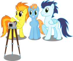 Size: 7000x5816 | Tagged: safe, artist:ambassad0r, soarin', spitfire, oc, oc:harmony star, alicorn, pegasus, pony, g4, absurd resolution, alicorn oc, camera, female, male, mare, simple background, stallion, transparent background, trio, vector