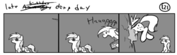 Size: 1280x404 | Tagged: safe, artist:tetrapony, derpy hooves, rainbow dash, pegasus, pony, comic:the daily derp, g4, comic, eyepatch, female, grayscale, late derp day, mare, monochrome