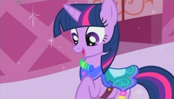 Size: 705x401 | Tagged: safe, screencap, twilight sparkle, pony, unicorn, g4, season 1, the ticket master, carousel boutique, clothes, dress, female, mare, saddle, solo, unicorn twilight