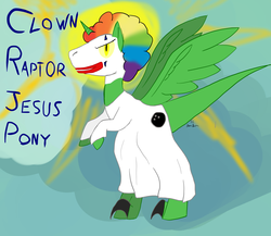 Size: 2300x2000 | Tagged: safe, artist:short circuit, dinosaur, pony, velociraptor, claws, clothes, cloud, clown, clown makeup, clown wig, high res, hooves, horn, jesus christ, lightning, makeup, ponified, raptor jesus, signature, sky, solo, text, wat, wings