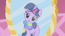 Size: 800x452 | Tagged: safe, screencap, twilight sparkle, pony, unicorn, g4, season 1, the ticket master, carousel boutique, female, lidded eyes, mirror, saddle, solo, tack, unicorn twilight