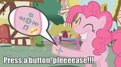 Size: 1643x915 | Tagged: artist needed, safe, pinkie pie, earth pony, pony, g4, buttons, female, meme, plushie, solo, storyteller plush