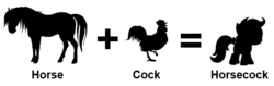 Size: 646x203 | Tagged: safe, scootaloo, bird, chicken, horse, pegasus, pony, g4, female, filly, implied horsecock, implied penis, math, meta, pun, rooster, scootachicken, silhouette, simple background, wat, white background