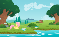 Size: 2300x1442 | Tagged: safe, artist:kennyklent, fluttershy, pegasus, pony, g4, cloud, eyes closed, female, flower, flower in hair, mare, prone, river, sky, smiling, solo, tree