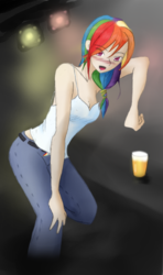 Size: 900x1517 | Tagged: safe, artist:mlle-banana, rainbow dash, human, g4, alcohol, armpits, blushing, clothes, drunk, drunker dash, humanized, solo, tank top