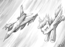 Size: 1200x857 | Tagged: safe, artist:johnjoseco, rainbow dash, pony, g4, aircraft, f-16 fighting falcon, female, grayscale, jet, jet fighter, monochrome, plane, solo