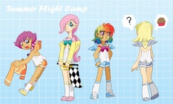 Size: 1060x640 | Tagged: safe, artist:zoe-productions, derpy hooves, fluttershy, rainbow dash, scootaloo, human, g4, checkered flag, clothes, female, flag, flight camp, food, hair over one eye, humanized, kneesocks, muffin, necc, school uniform, schoolgirl, shorts, socks, uniform, winged humanization, younger