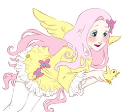 Size: 438x400 | Tagged: safe, artist:zoe-productions, fluttershy, bird, human, g4, chick, clothes, dress, female, hairpin, humanized, socks, spread wings, thigh highs, winged humanization, wings