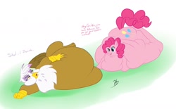 Size: 1280x795 | Tagged: safe, artist:hungryjackal, gilda, pinkie pie, griffon, g4, belly, chubby cheeks, fat, gildough, impossibly large belly, morbidly obese, obese, piggy pie, pudgy pie