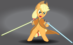 Size: 6323x3918 | Tagged: safe, artist:obi-wan-kepony, applejack, earth pony, pony, g4, bipedal, clothes, crossover, energy weapon, female, hooves, jedi, lightsaber, mare, open mouth, solo, star wars, weapon