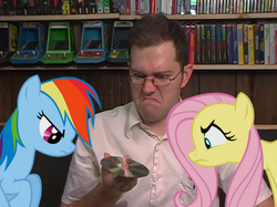Size: 1006x751 | Tagged: safe, fluttershy, rainbow dash, human, pony, g4, angry, angry video game nerd, cd, glasses, irl, photo, ponies in real life