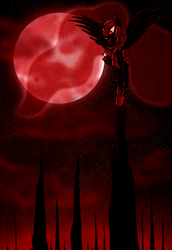 Size: 1168x1700 | Tagged: safe, artist:myhysteria, nightmare moon, alicorn, pony, g4, blood moon, female, full moon, moon, night, red, solo, spire