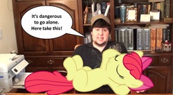 Size: 1014x557 | Tagged: safe, apple bloom, human, pony, g4, irl, jontron, photo, ponies in real life, the legend of zelda, vector