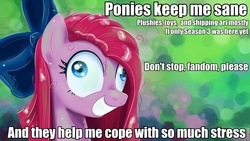 Size: 960x540 | Tagged: safe, pinkie pie, earth pony, pony, g4, season 3, bow, brony, female, hiatus, hype, image macro, insanity, messy mane, meta, obsession, pinkamena diane pie, solo, text